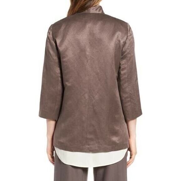 Eileen Fisher Brown Organic Linen Silk Open Front Lined Jacket Blazer Size PM - Picture 10 of 10